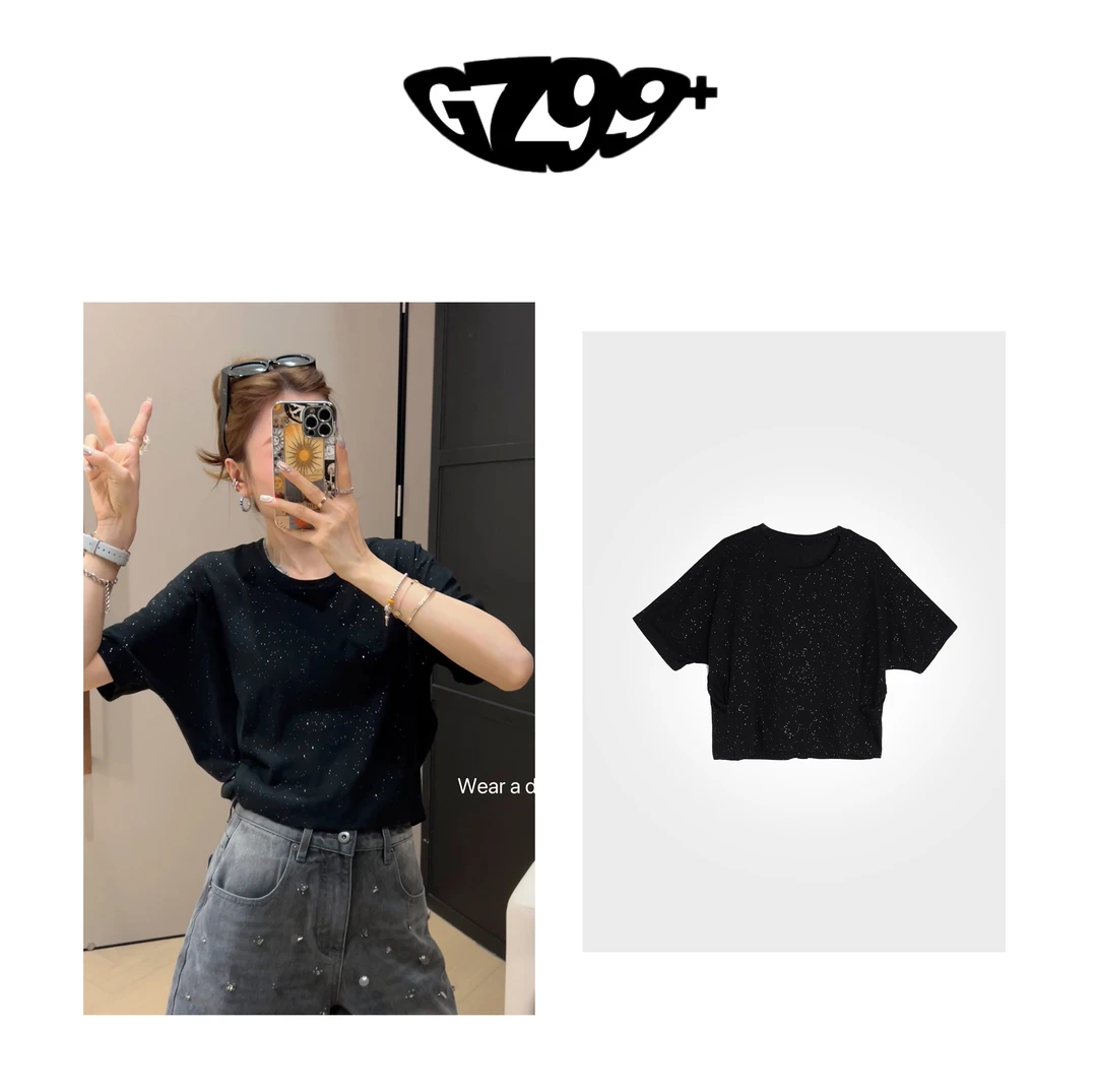 九儿【怦然心动】舒适 透气 夏季时尚美式百搭显瘦亮片T恤-T6849