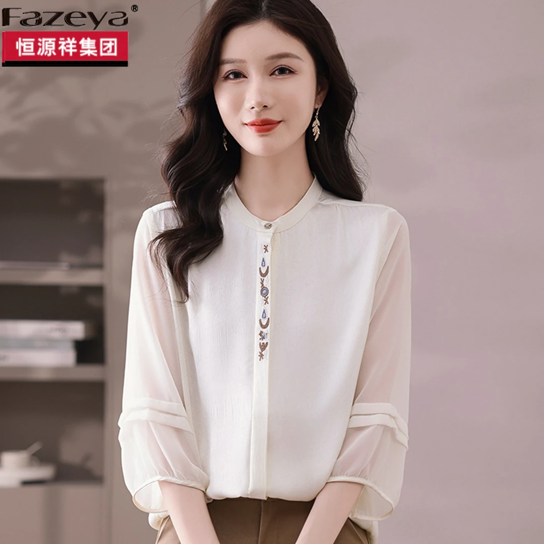 恒源祥集团彩羊网红洋气炸街女装桑蚕丝七分袖T恤刺绣设计感小衫