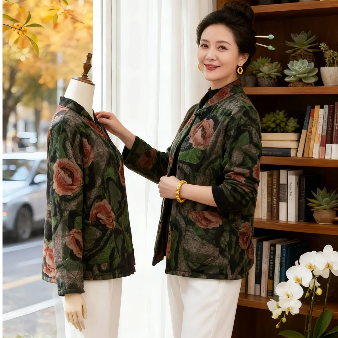 洋气立领开衫长袖宽松棉服外套复古印花宽松加厚保暖棉衣秋冬百搭
