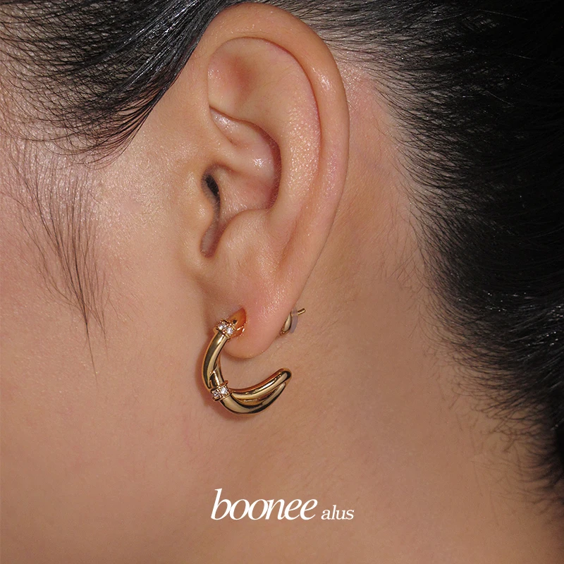 boonee alus 铜合金合成锆石耳饰 轻奢锆石双环设计感圈圈耳环女