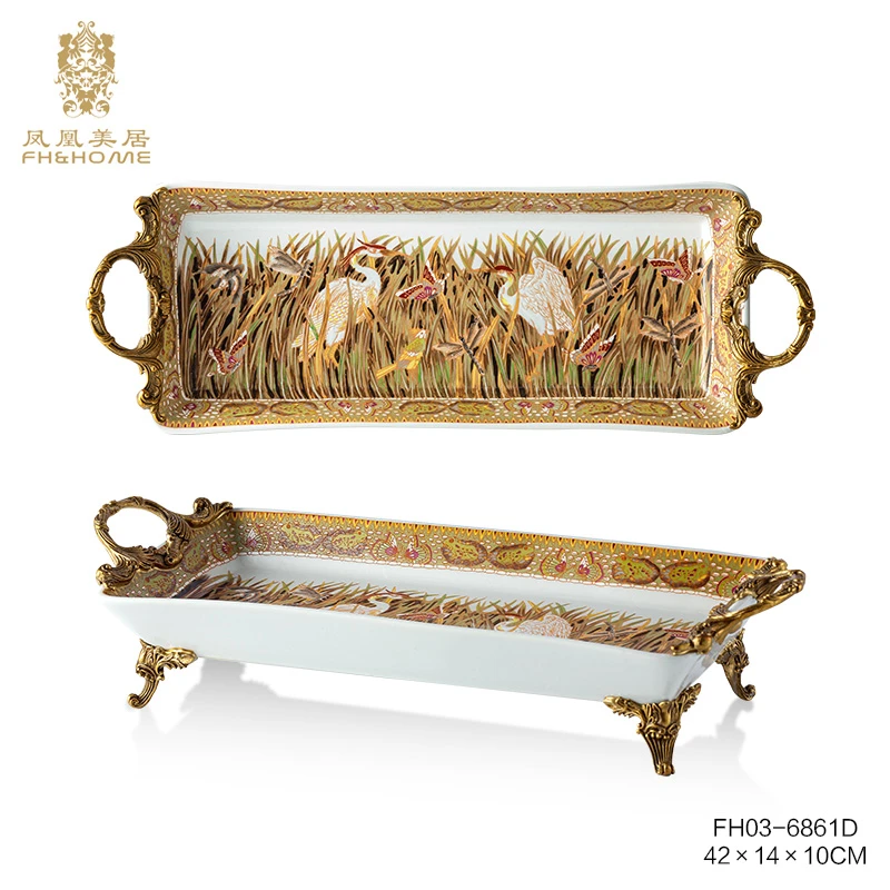 FH&HOME/凤凰美居奢华欧式高温瓷彩绘长形斜边深碟创意摆件