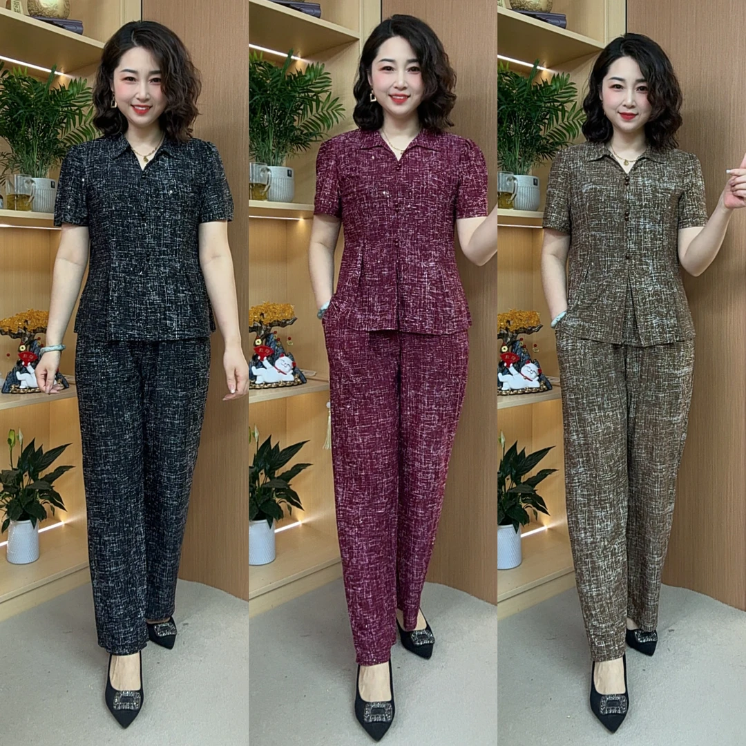 夏季新款气质套装时尚烫金工艺冰凉丝短袖上衣直筒裤套装洋气减龄