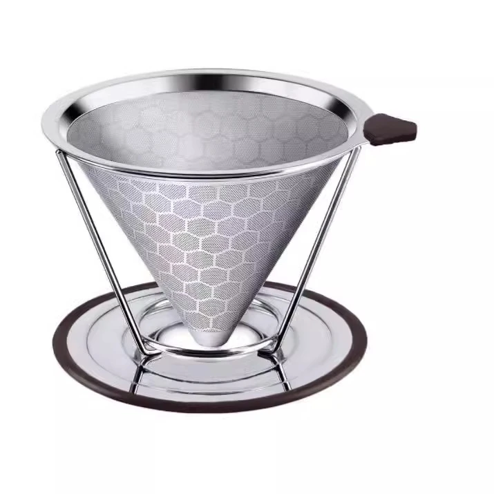 304不锈钢咖啡过滤网 双层免滤纸漏斗 滴漏手冲咖啡过滤网带支架