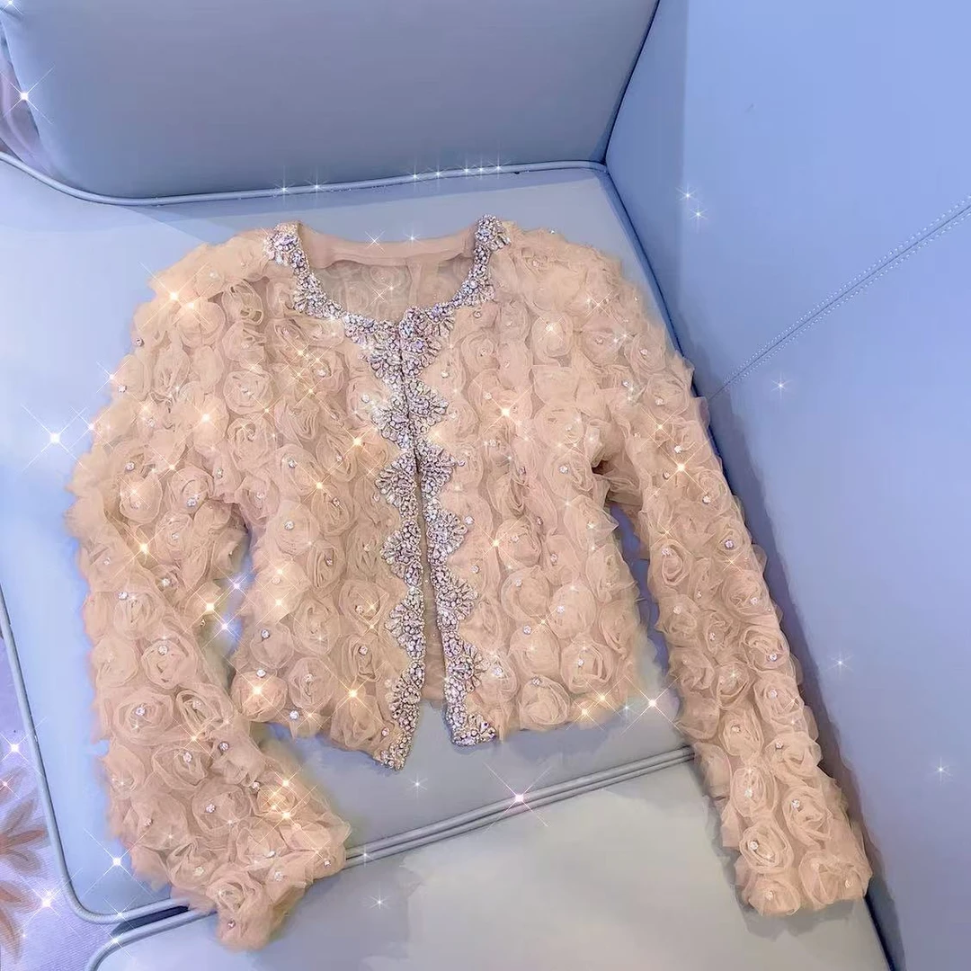 【漫老板】970私服 定制轻奢小众超重工钉珠3D花朵网纱外套