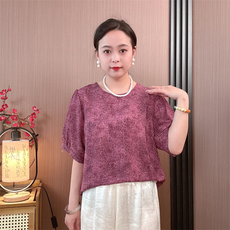 【紫韵】短袖圆领T恤夏季国风透气宽松高端洋气上衣显瘦气质妈妈装