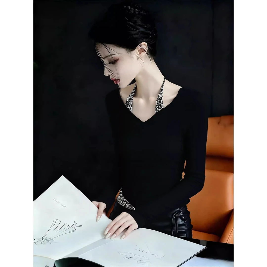 秋冬新款减龄独特超好看单穿小上衣小众不撞款黑色豹纹假两件T恤