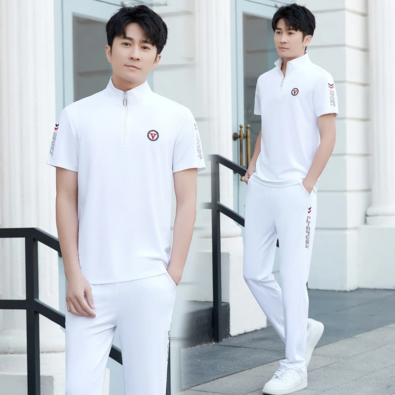 运动套装男士夏季2025新款白色短袖长裤休闲跑步服两件套运动服男