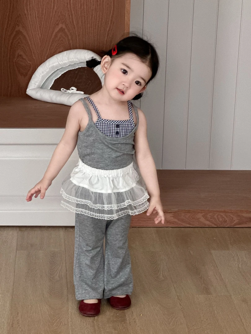 婴童夏装2025新款套针织格子假两件洋气韩系女宝夏季无袖两件套装