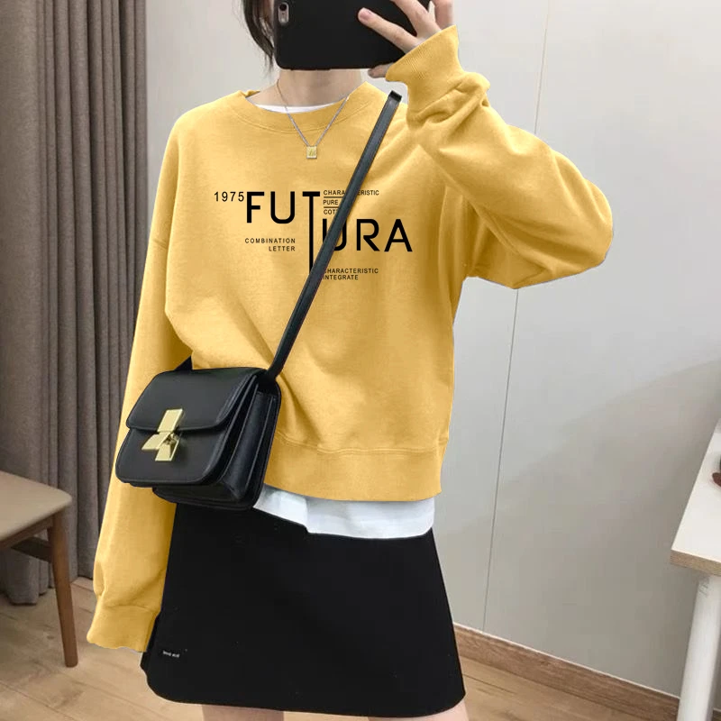 假两件圆领套头短款卫衣女加绒加厚秋冬上衣宽松小个子春秋薄款