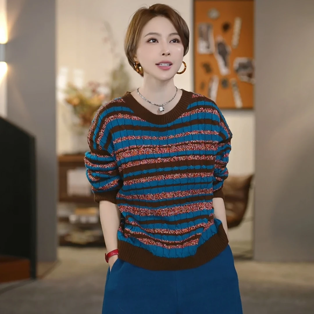 溶溶【时光蓝岛】RONGRONG 精选绵羊毛软糯复古拼色条纹毛衣11640