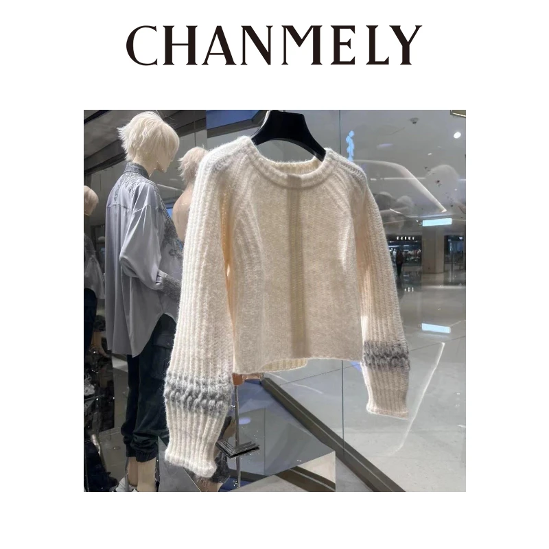 【CHANMITY】25/FW圆领粗线钩织袖口对称短款温柔针织毛衣025024