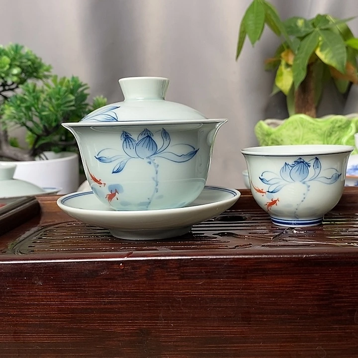 160ml手绘荷花盖碗送主人杯