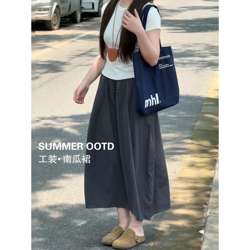 逃屿【梨形的挚爱】拼接显瘦南瓜裙花苞长裙高腰透气凉感工装半身裙