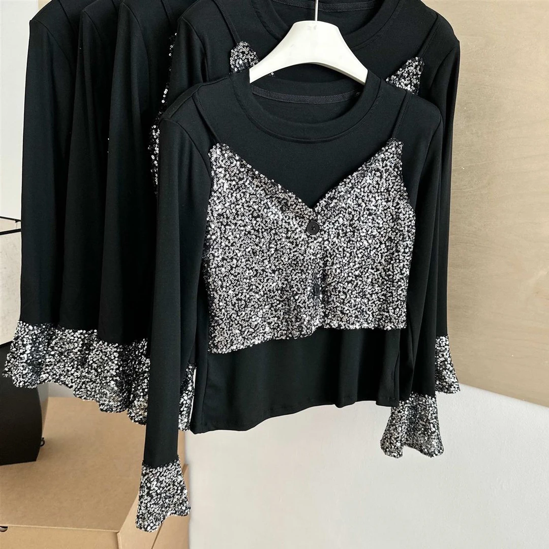 假两件打底衫女2025春秋新款设计感亮片百搭长袖时尚减龄显瘦上衣