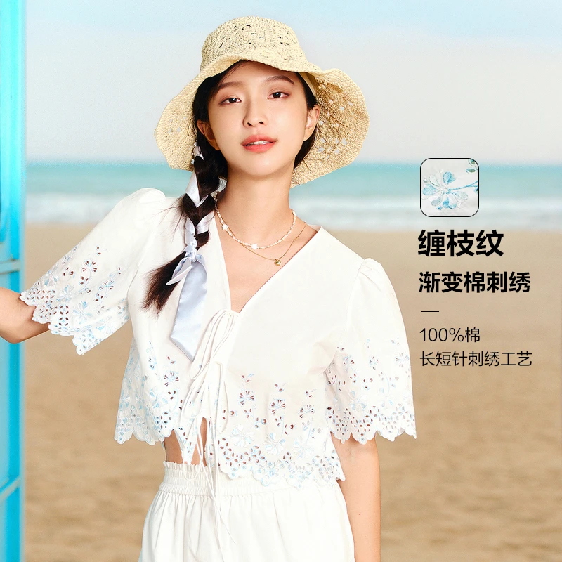【质感棉刺绣】小清新V领白衬衫短款甜美系带白色DOUBLOVE贝爱夏款