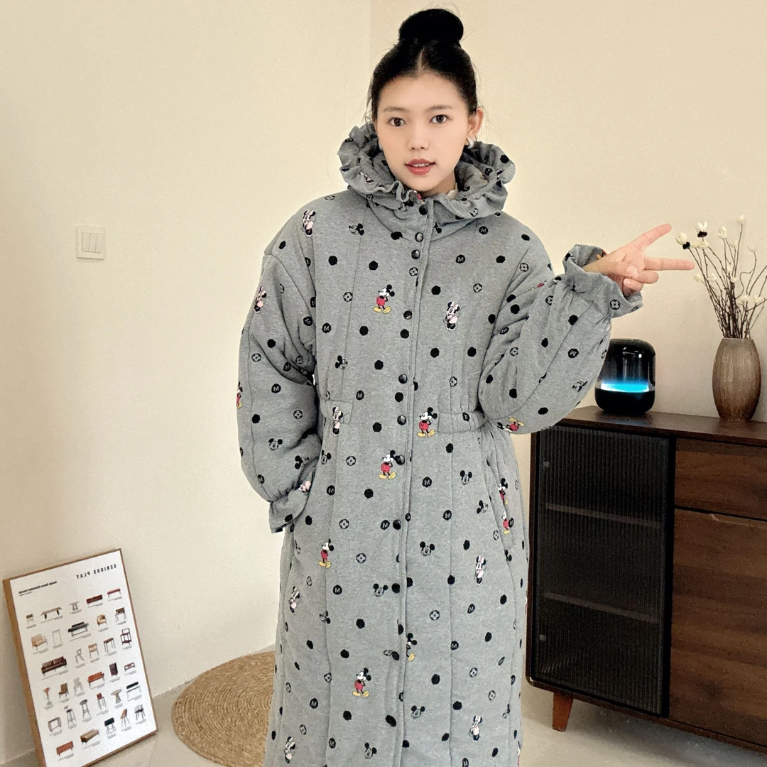 【星点米奇】300g新疆棉花边帽收腰大长款宽松家居服女保暖棉衣棉服
