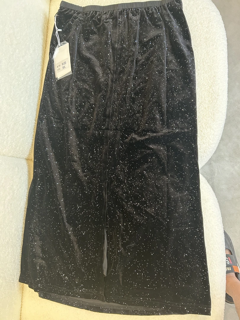 黑色闪闪亮片半身裙秋冬丝绒半裙开叉直筒长裙
