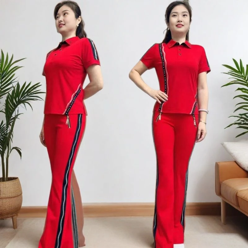 新款佳木斯健身操红色罗马套装/薄款短袖凉爽透气广场舞夏季套装