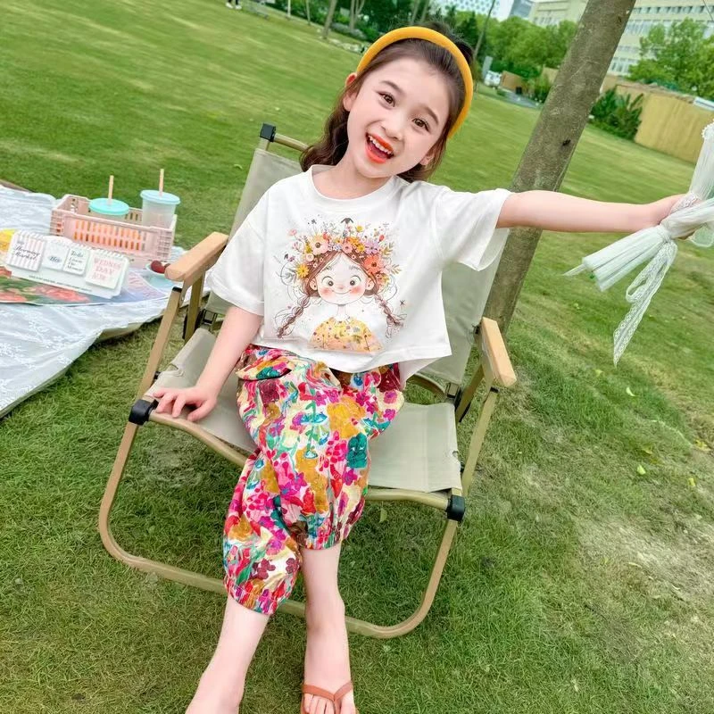 女童2024花朵裤套装新款卡通短袖夏季薄款大爆款可爱两件套