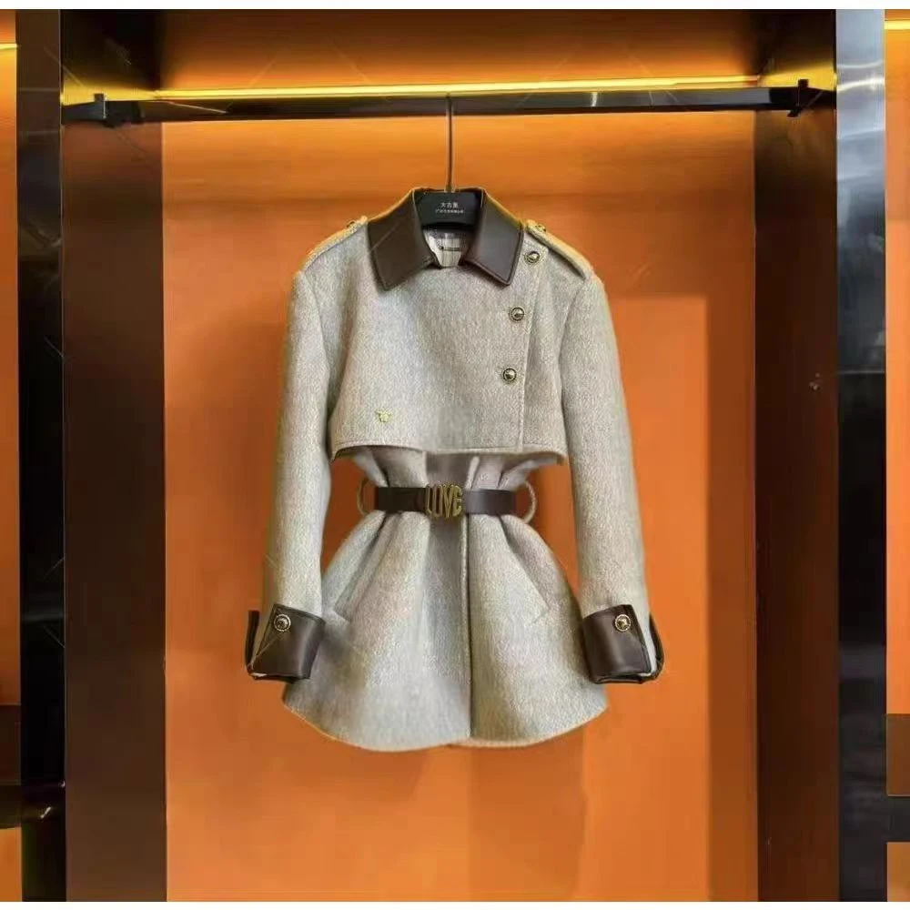 现货【工厂清仓】女千金风小香风冬季拼接毛呢外套收腰假两件外套