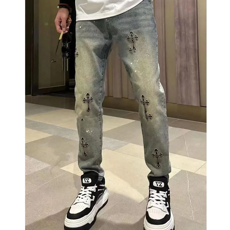 【栖木T61】潮牌修身十字架刺绣设计修身小脚牛仔裤男痞帅时尚9分裤
