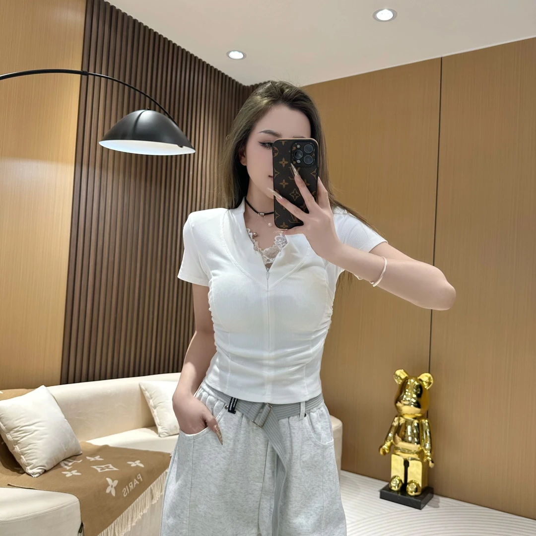 DA963【V领蕾丝拼接T恤】纯欲设计感辣妹抽褶修身短款上衣女显瘦