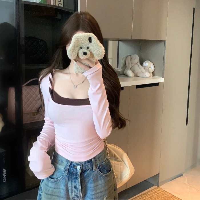 反转心结 纯欲性感大方领撞色扭结打底衫假两件长袖修身短款上衣