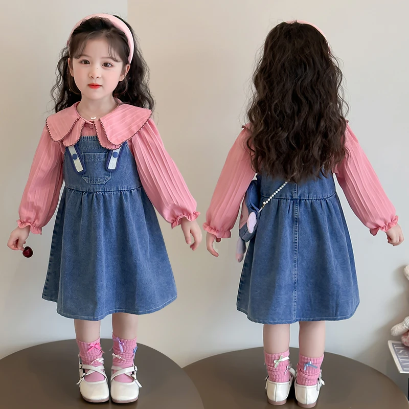 女童春秋新款时髦洋气衬衫牛仔裙两件套韩系可爱娃娃领衬衫连衣裙