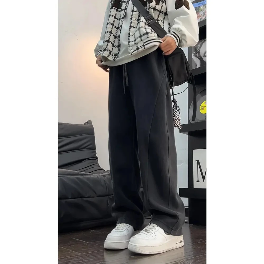 水洗磨白灰阔腿卫裤春秋男裤子垂坠感运动裤男弯刀直筒男裤休闲裤