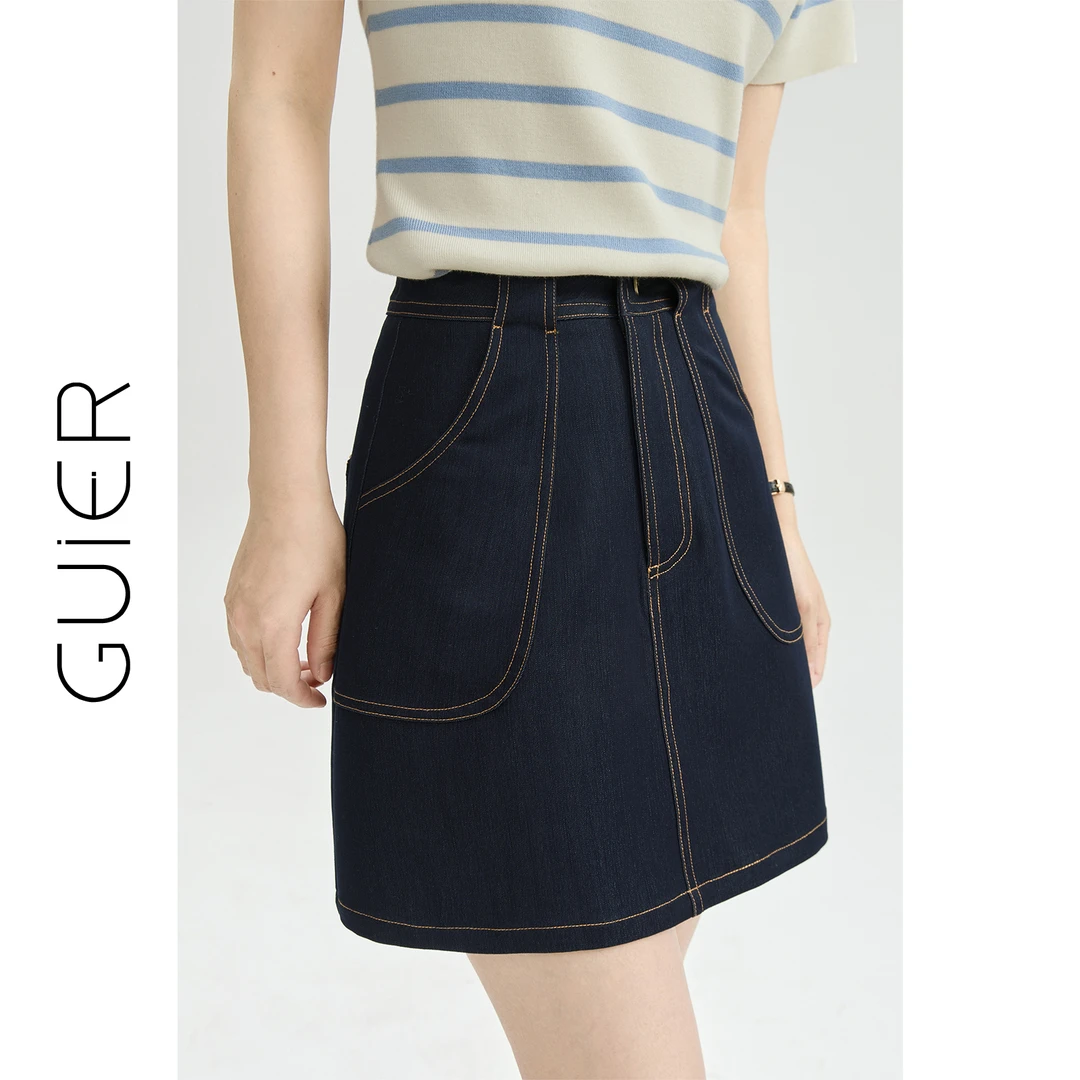 「GUIER」牛仔a字半身裙女2025夏季明线复古高腰显瘦包臀短裙NT0406
