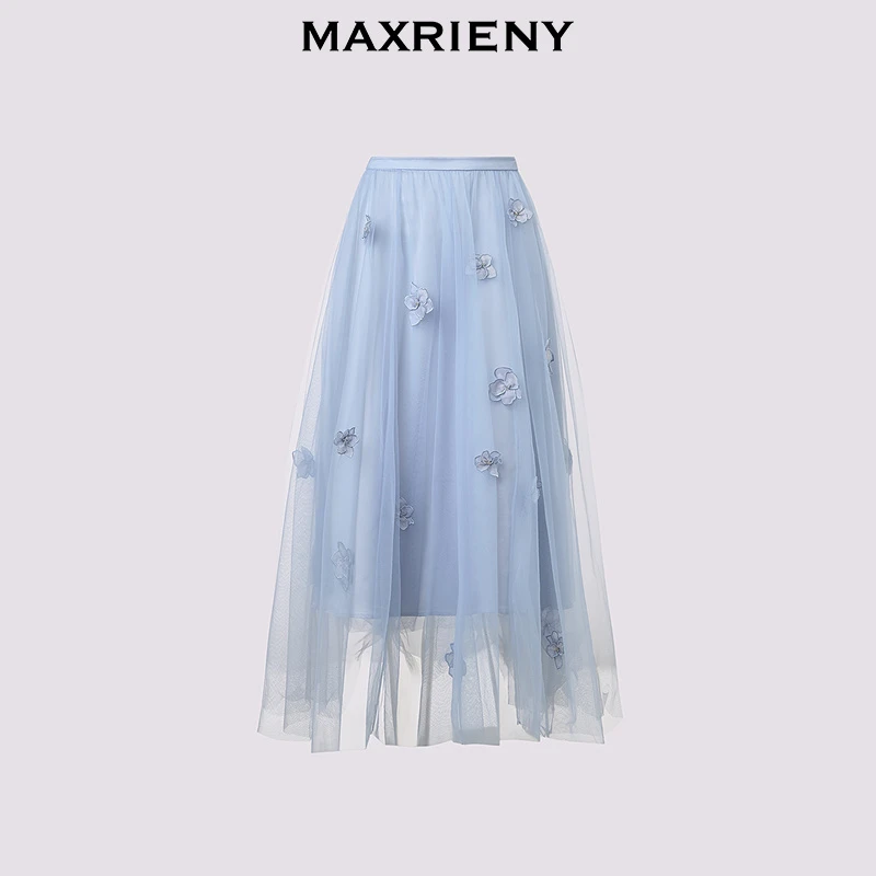 MAXRIENY25年夏季新款宫廷花仙子半裙立体花朵网纱裙晨雾蓝高腰