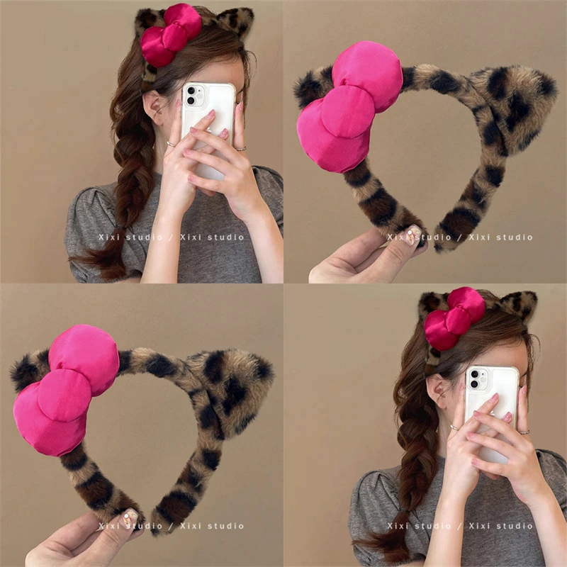 淘气小猫！豹纹毛绒洗脸发箍！可爱蝴蝶结发箍发捆防滑发夹新发饰