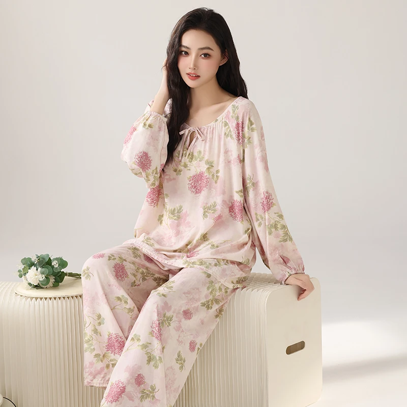 夏季舒适棉绸睡衣套装妈妈装夏装人造棉家居服两件套加大码宽松