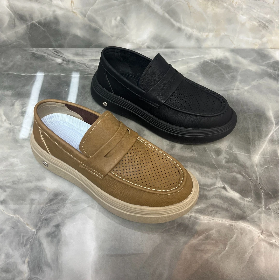 新款镂空牛皮男鞋舒适透气软底软面轻便休闲皮鞋厚底一脚蹬