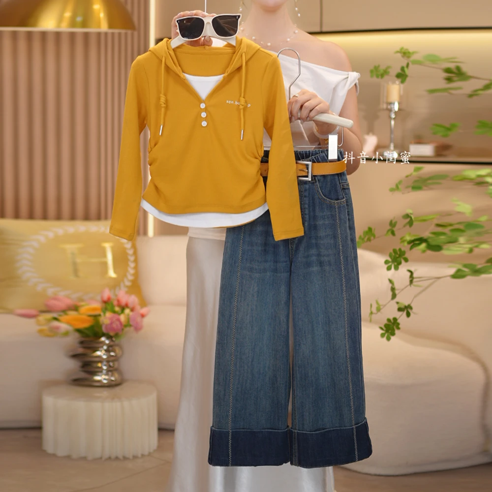 【闺蜜家】女童秋季2025新款时尚假两件连帽上衣+牛仔裤套装-8663