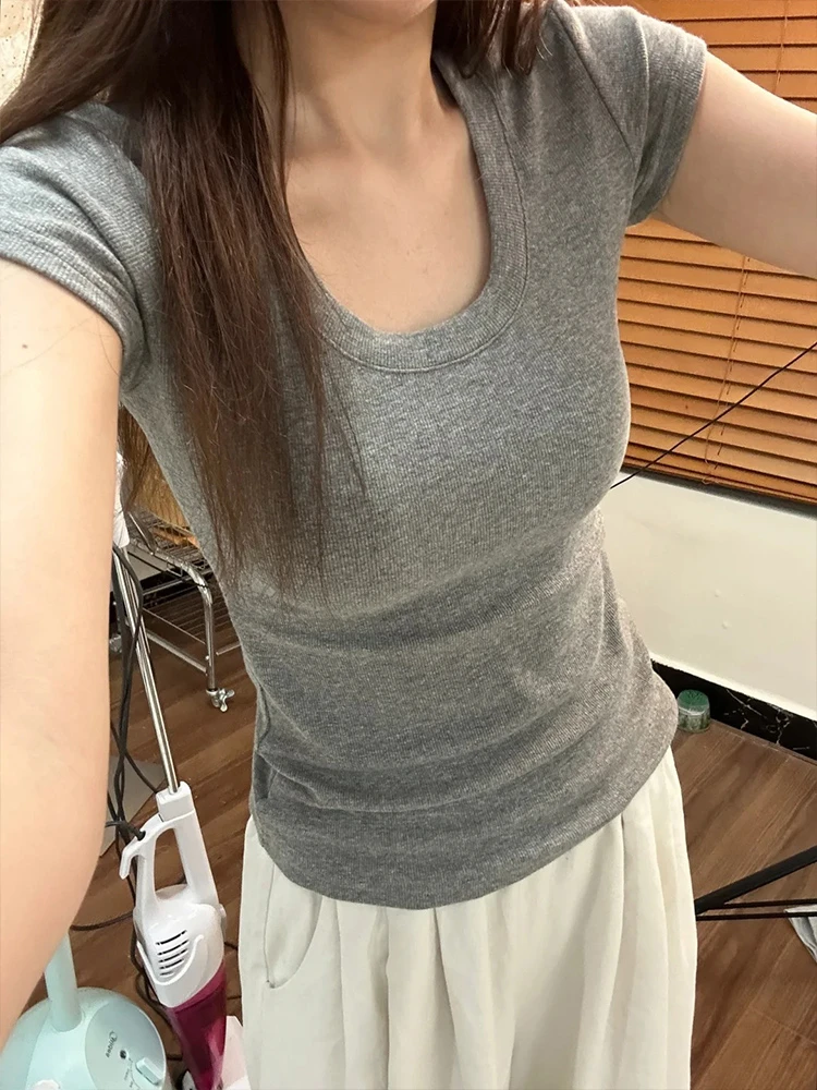 灰色修身U领正肩短袖T恤女夏季简约百搭美式辣妹弹力显瘦收腰上衣