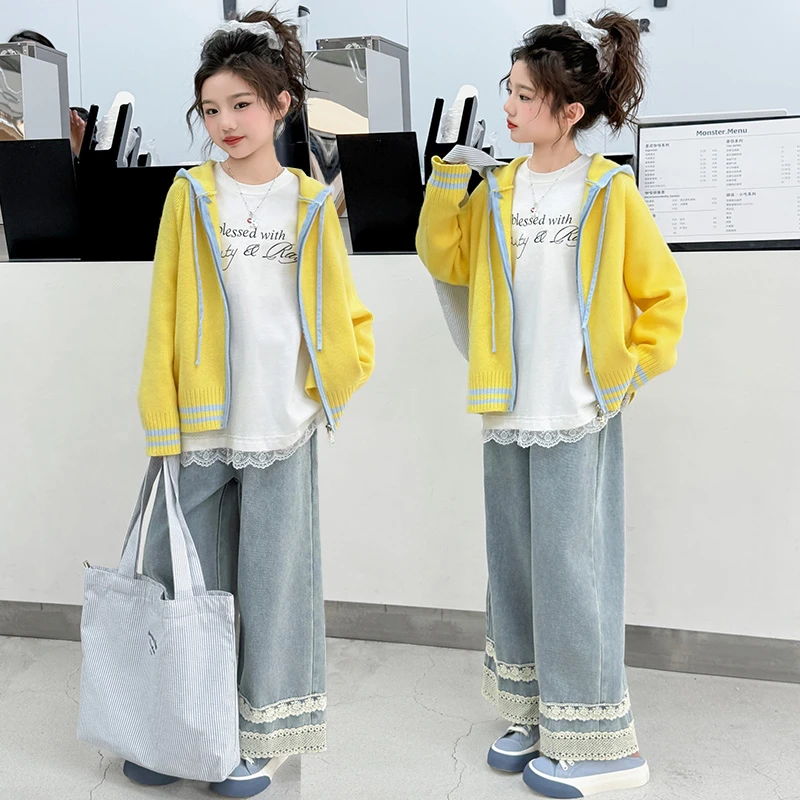 女童春款2025新款儿童洋气双拉头针织毛衣外套蕾丝牛仔阔腿裤套装