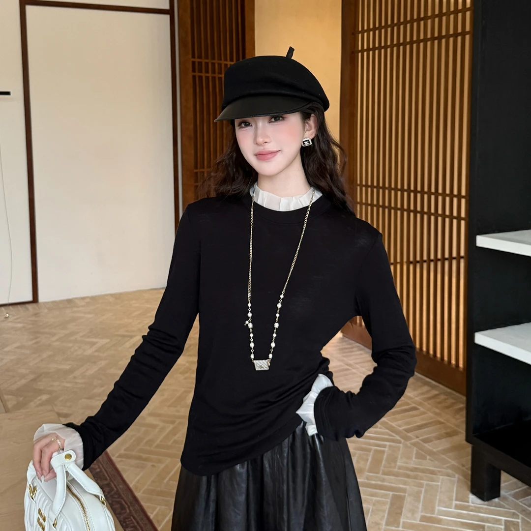 【YANYAN】花边领拼接长袖T恤女秋季新款修身显瘦体恤打底衫6931
