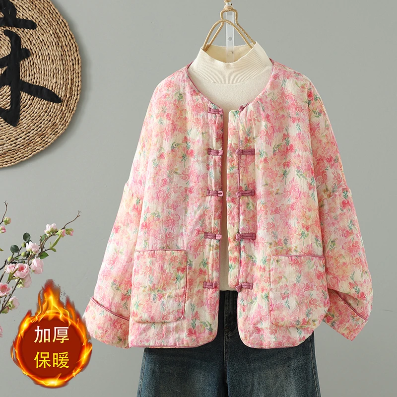 复古民族风盘扣提花棉袄宽松加厚保暖文艺双口袋长袖印花圆领外套