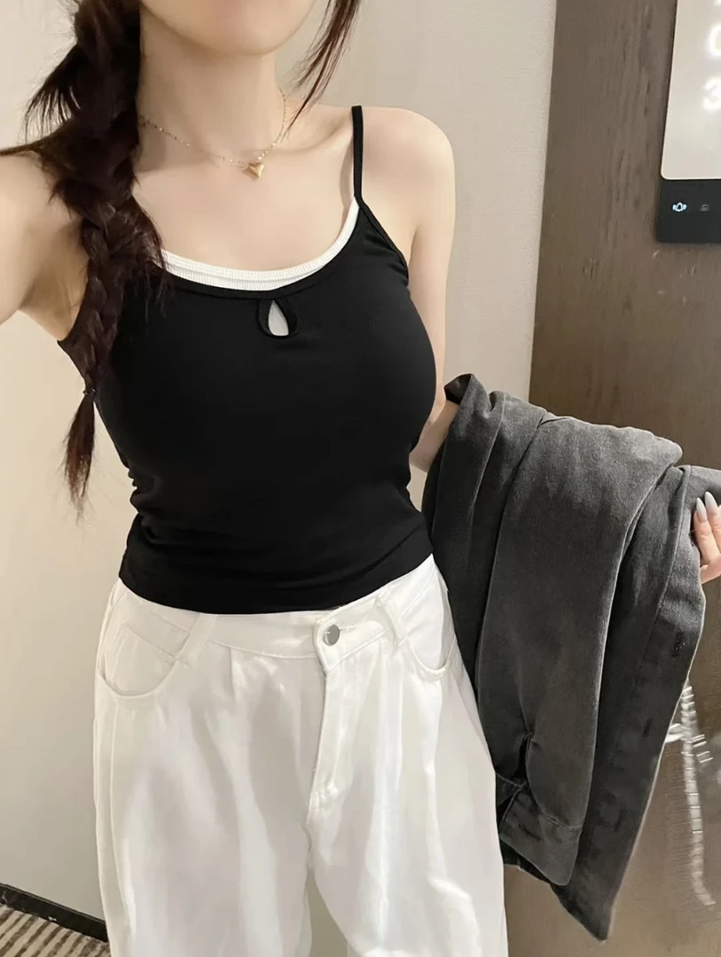 2025假两件固定杯长款吊带健身瑜伽遮副乳撸铁背心