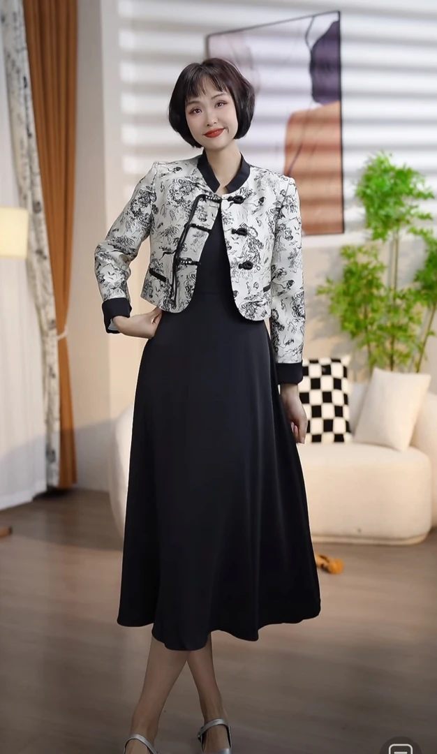 T365春夏时尚气质圆领吊带裙国风外套两件套套裙DM8