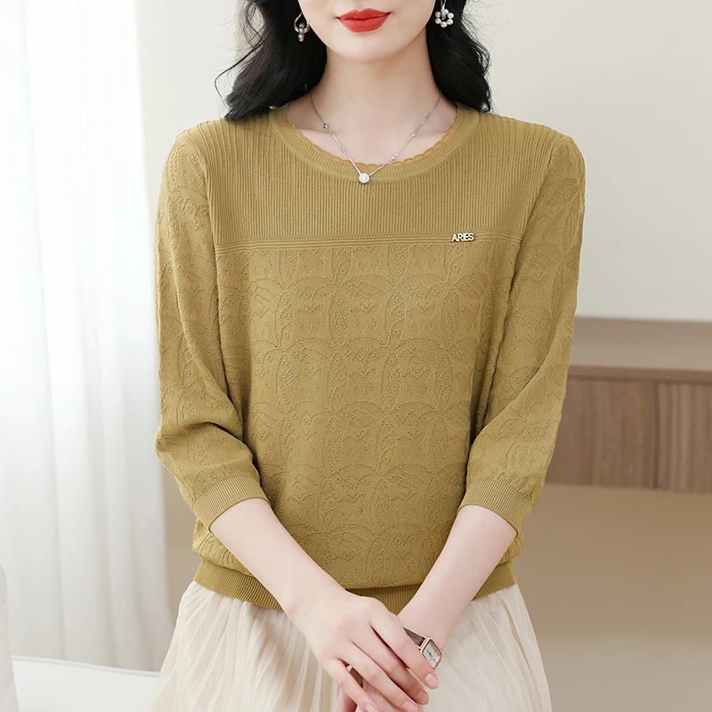 春秋装新款中年妈妈七分中袖t恤女士洋气提花针织半袖上衣打底衫T