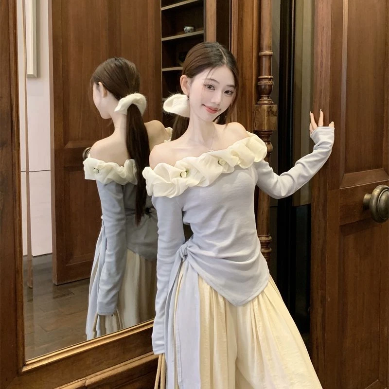 纯欲风花朵一字领不规则T恤上衣阔腿休闲裤女2025夏季新款两件套