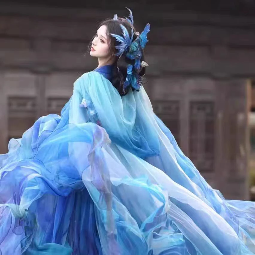 汉服女【蓝闪蝶】子颂国风大典唐制重工刺绣花瓣大袖衫改良吊带裙