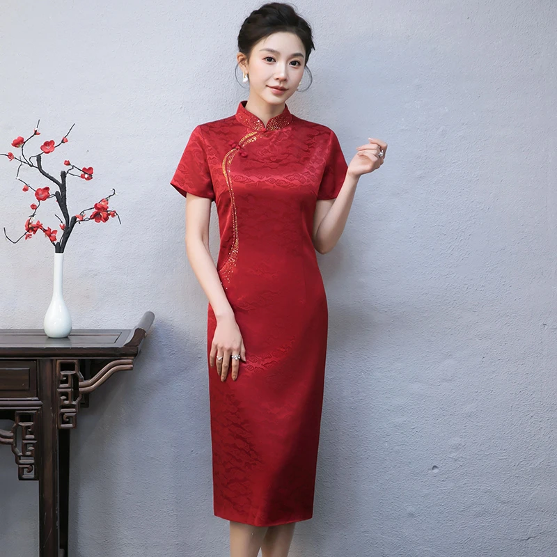 夏季婚礼妈妈礼服改良旗袍醋酸缎高档气质喜婆婆婚宴装中式敬酒服