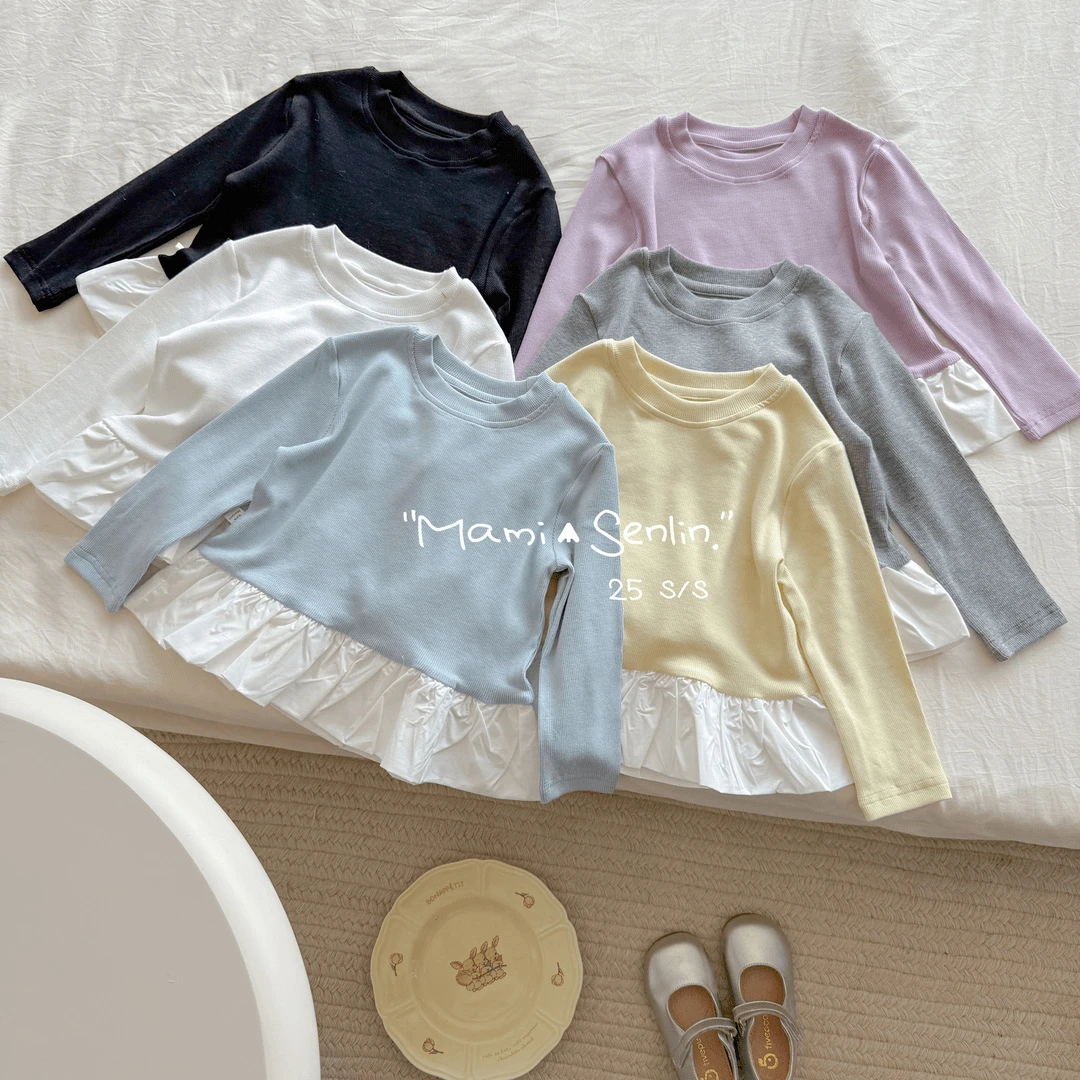 女童长袖花边T恤春秋款新款宝宝洋气套头上衣百搭儿童打底衫纯色