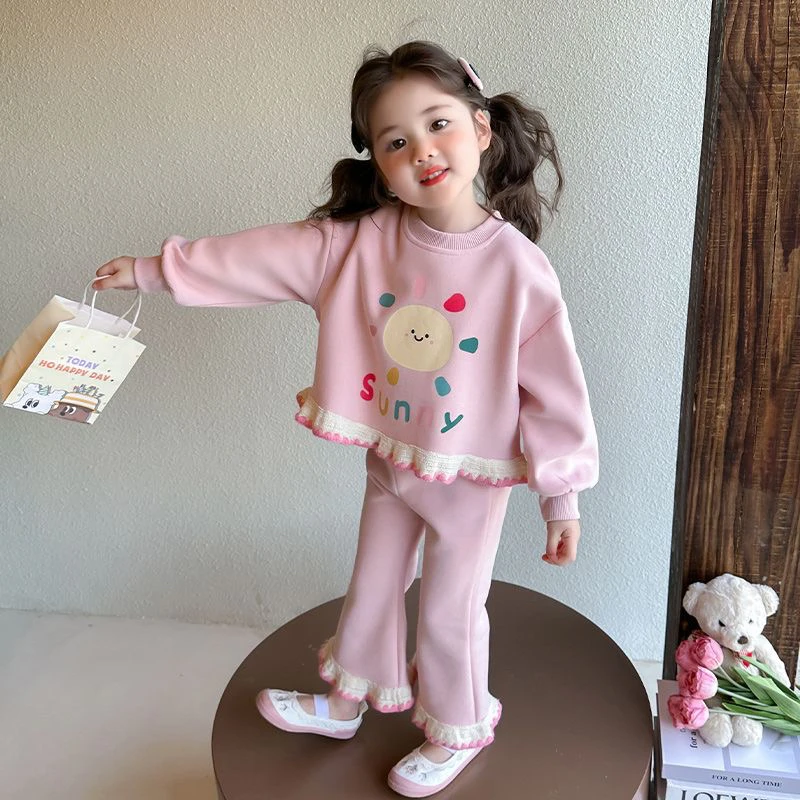 女童甜美套装春秋装新款儿童韩版洋气小女孩时髦花边喇叭裤两件套