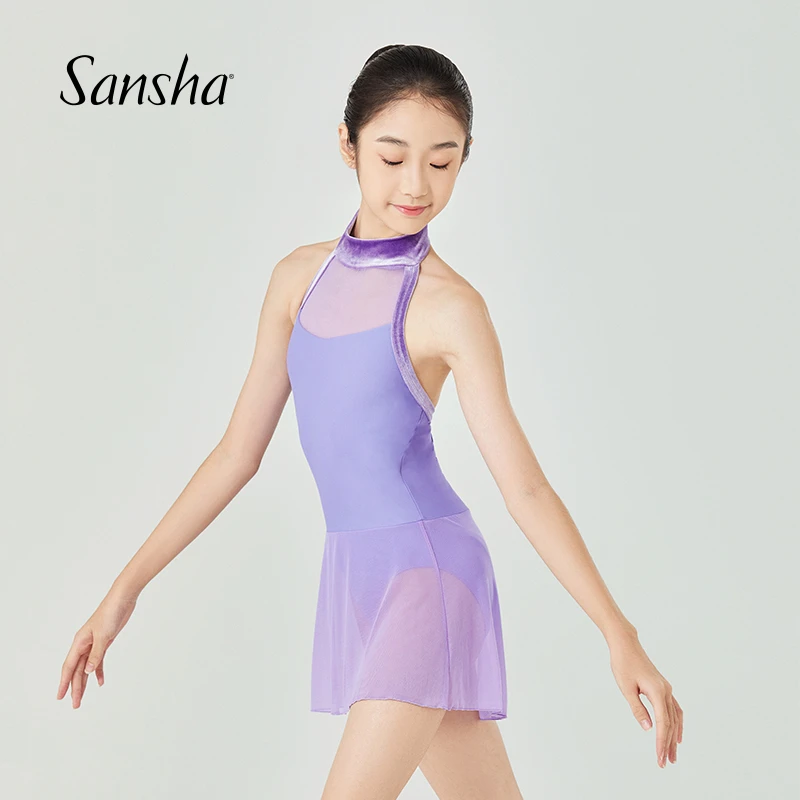 Sansha/三沙芭蕾舞蹈形体服连体网纱拼接吊带练功服