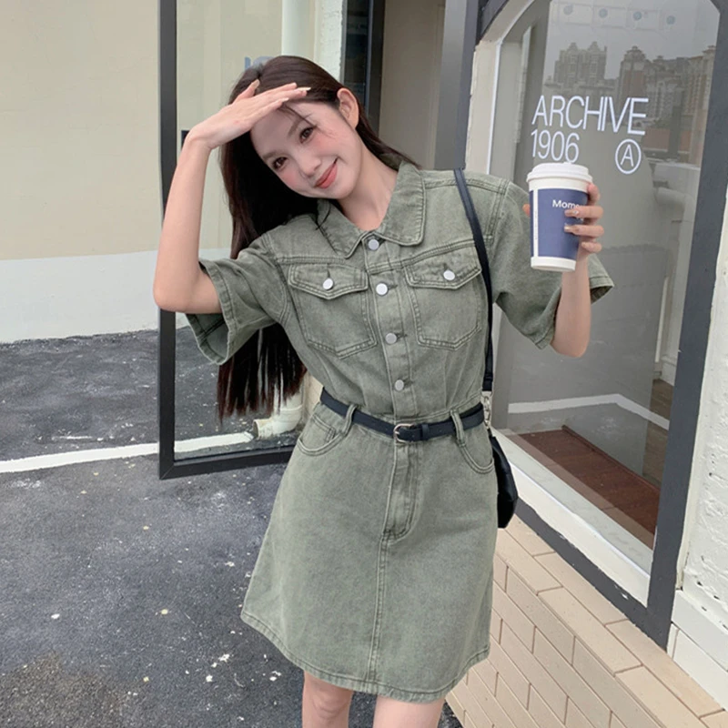 美式复古牛仔连衣裙女夏季2025新款小个子气质短裙收腰短袖连体裙
