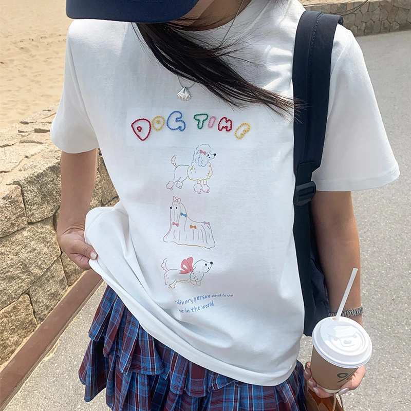 涂鸦字母印花小狗短袖T恤女夏薄款流行洋气甜美宽松百搭减龄上衣